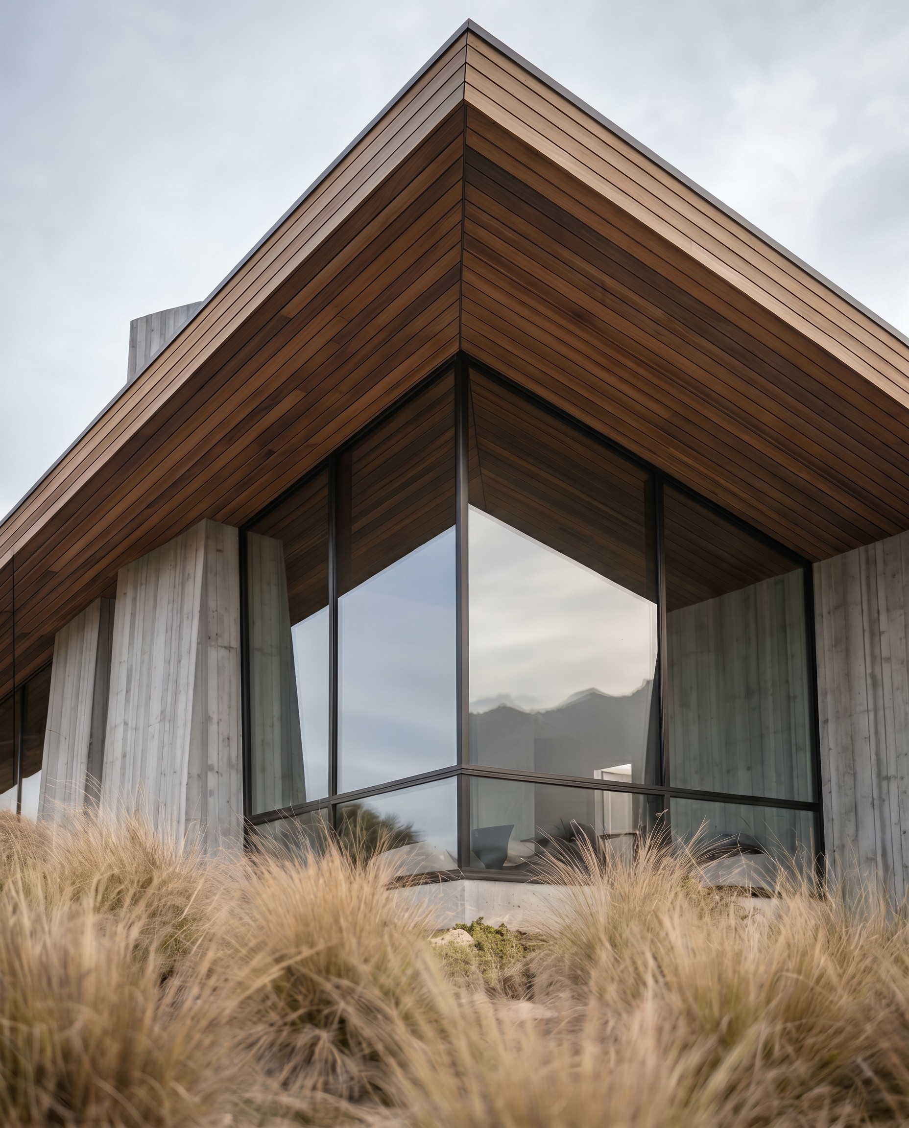 Upward view of board-formed concrete and cedar structural detail, South Island home